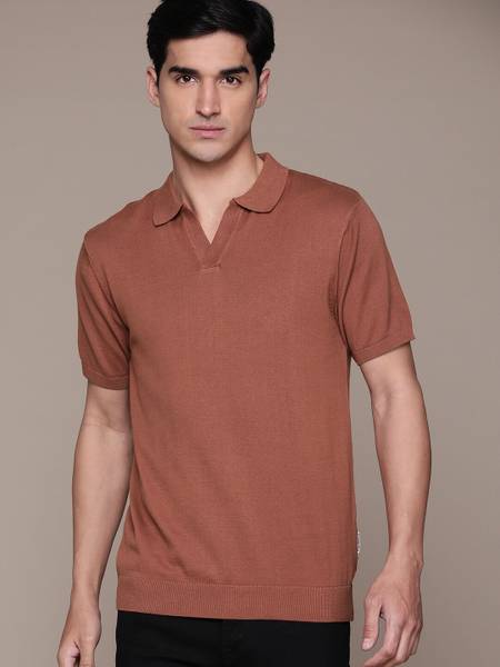 Roadster Solid Men Polo Neck Brown T-Shirt