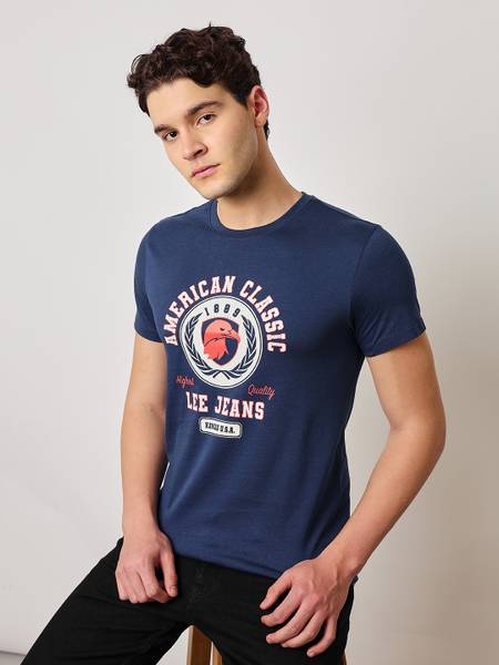 LEE Printed, Typography Men Round Neck Blue T-Shirt