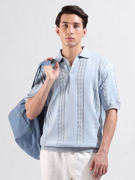 The Indian Garage Co. Self Design Men Polo Neck Blue T-Shirt