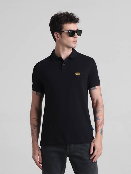 JACK & JONES Solid Men Polo Neck Black T-Shirt