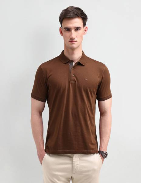 ARROW Solid Men Polo Neck Brown T-Shirt