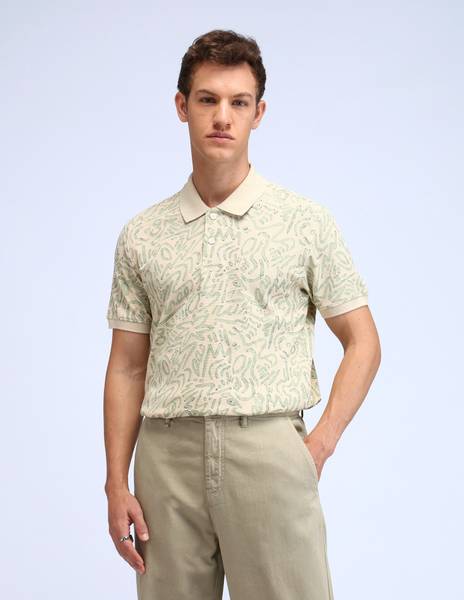 FLYING MACHINE Abstract Men Polo Neck Brown T-Shirt