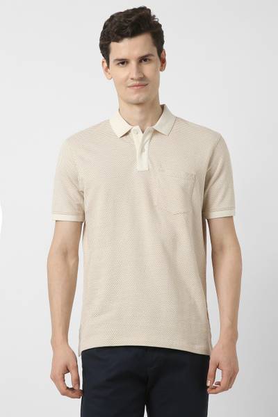 PETER ENGLAND Printed Men Polo Neck Beige T-Shirt