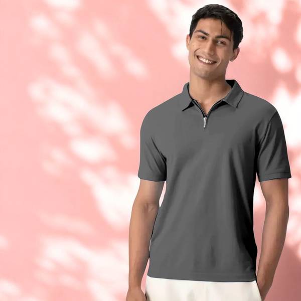 INDICLUB Solid Men Polo Neck Grey T-Shirt