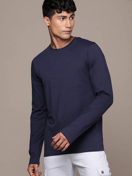 London Crew Solid Men Round Neck Navy Blue T-Shirt