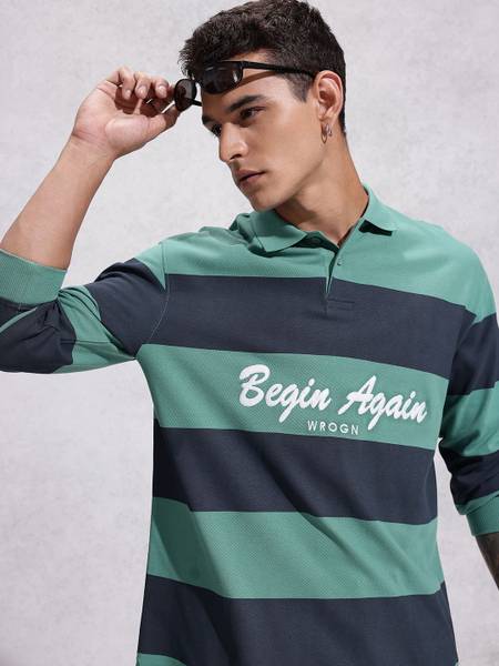 WROGN Striped Men Polo Neck Green T-Shirt