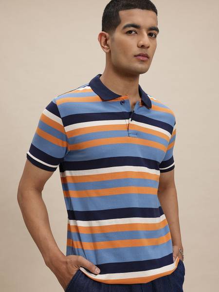 Roadster Striped Men Polo Neck Blue T-Shirt