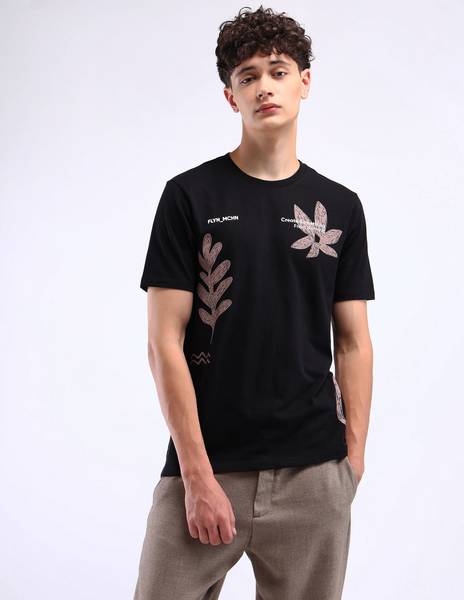 FLYING MACHINE Printed Men Crew Neck Black T-Shirt