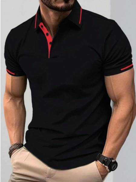 TAZO Solid Men Polo Neck Black T-Shirt