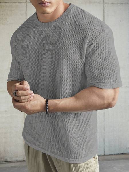 TeeWink Self Design Men Round Neck Grey T-Shirt