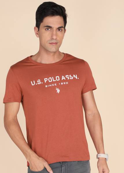 U.S. POLO ASSN. Printed Men Round Neck Brown T-Shirt