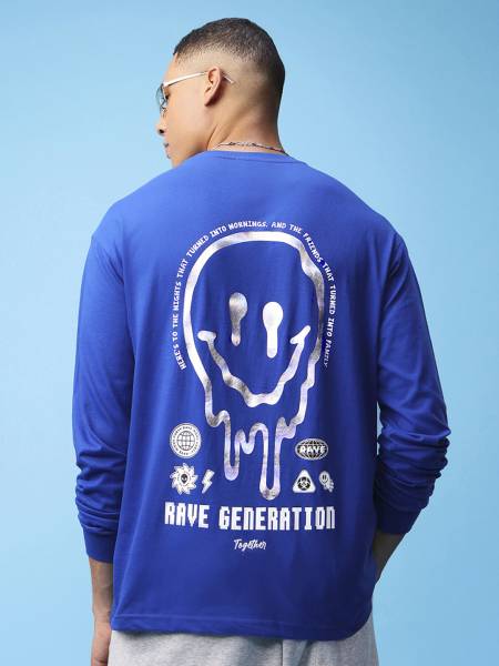 BEWAKOOF Printed, Typography Men Round Neck Blue T-Shirt