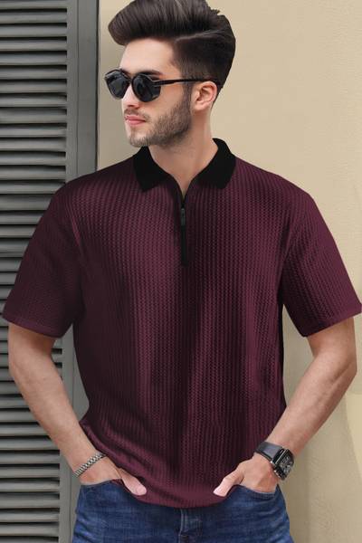 TRIPR Striped Men Polo Neck Maroon T-Shirt