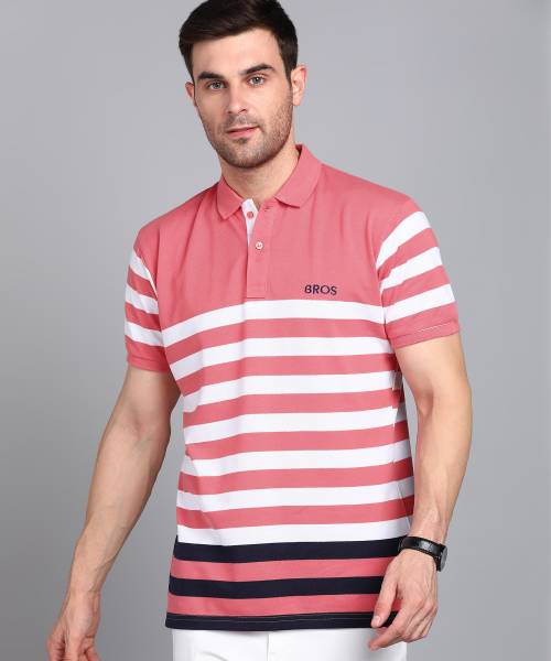 3BROS Striped Men Polo Neck Pink T-Shirt