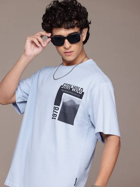Roadster Printed Men Round Neck Blue T-Shirt