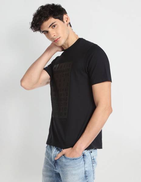 FLYING MACHINE Solid Men Round Neck Black T-Shirt