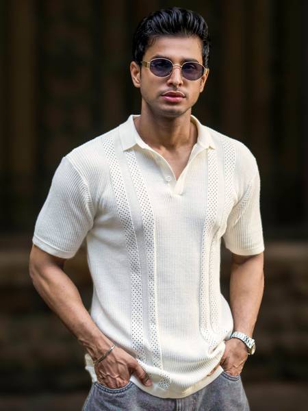 MANIAC Self Design Men Polo Neck White T-Shirt