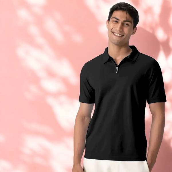INDICLUB Solid Men Polo Neck Black T-Shirt