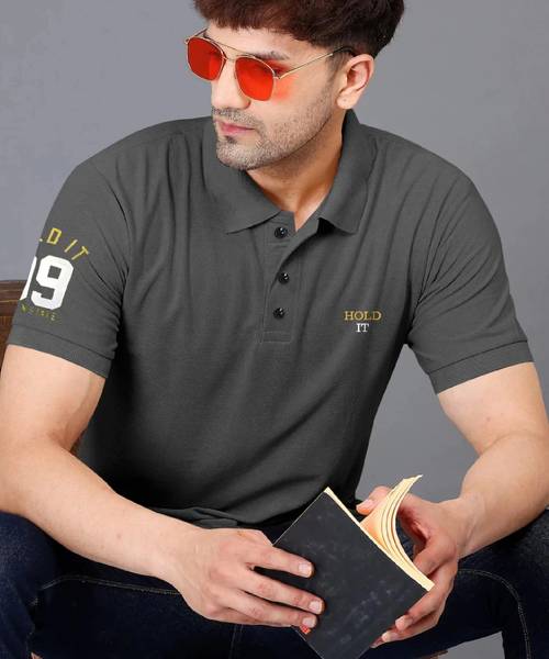 TAZO Solid Men Polo Neck Grey T-Shirt