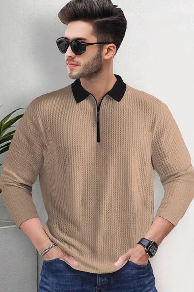 TRIPR Self Design Men Polo Neck Beige, Black T-Shirt