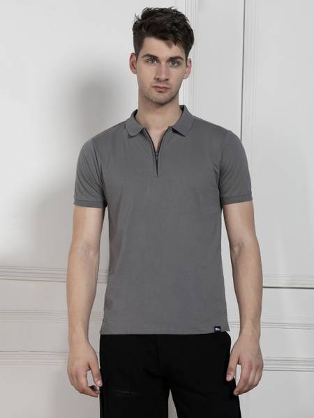 Dennis Lingo Solid Men Polo Neck Grey T-Shirt