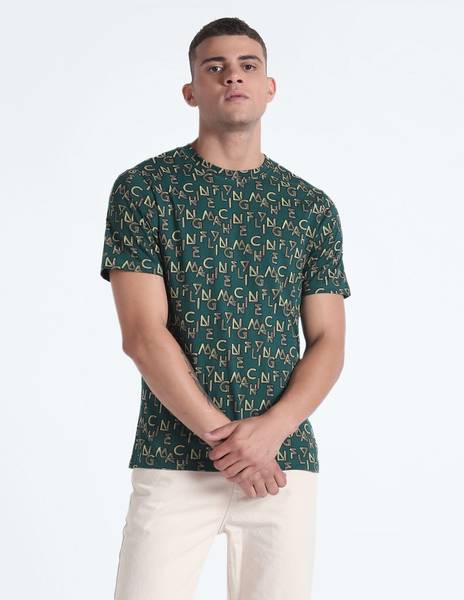 FLYING MACHINE Printed Men Round Neck Green T-Shirt