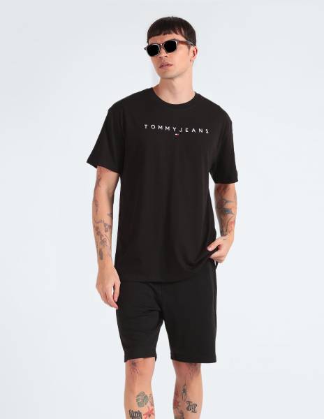 TOMMY HILFIGER Self Design Men Round Neck Black T-Shirt