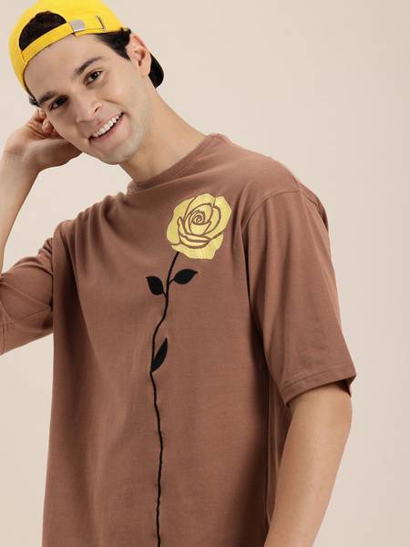HERE&NOW Self Design Men Round Neck Brown T-Shirt