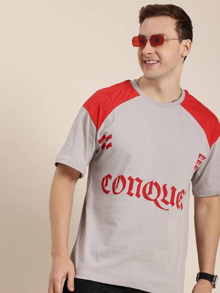 HERE&NOW Printed Men Round Neck Grey T-Shirt