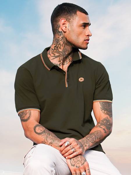 WROGN Solid Men Polo Neck Green T-Shirt