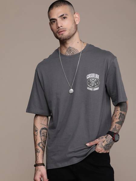 Roadster Printed, Typography Men Round Neck Grey T-Shirt