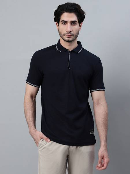 CANTABIL Solid Men Polo Neck Navy Blue T-Shirt