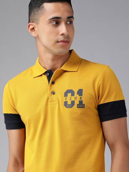 French Connection Solid Men Polo Neck Yellow T-Shirt