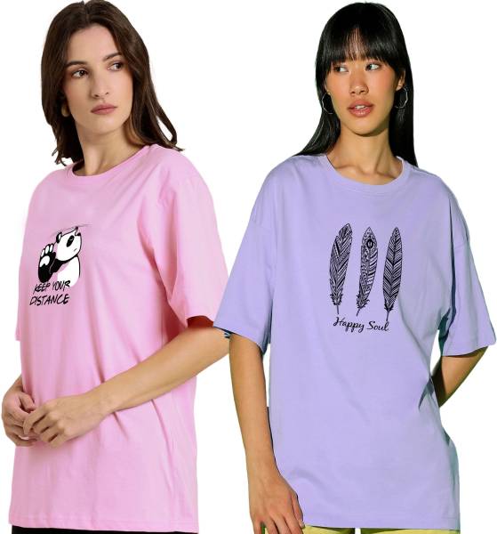 AMEVI Graphic Print Women Round Neck Pink, Purple T-Shirt