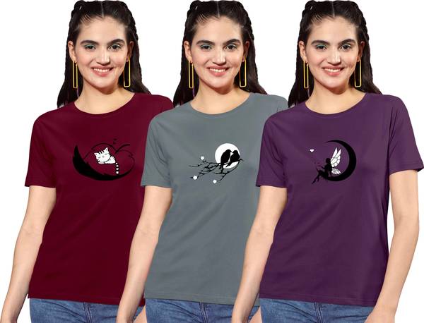 ZentWorld Printed Women Round Neck Maroon, Grey, Brown T-Shirt