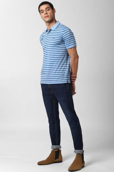 PETER ENGLAND Striped Men Polo Neck Light Blue T-Shirt