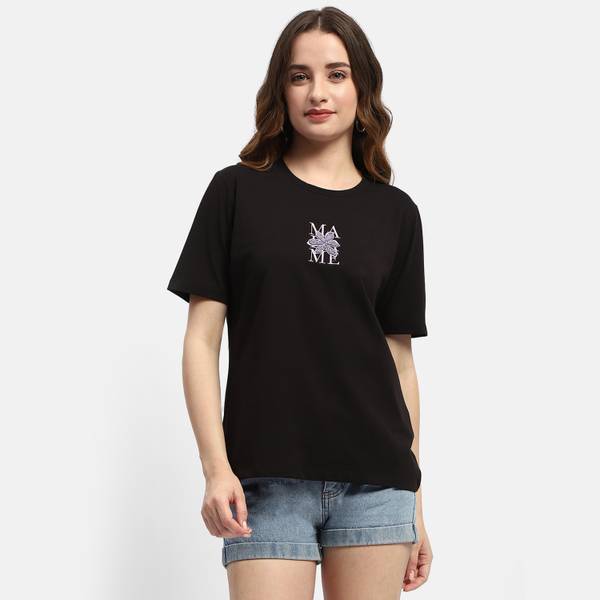 MADAME Embroidered Women Round Neck Black T-Shirt
