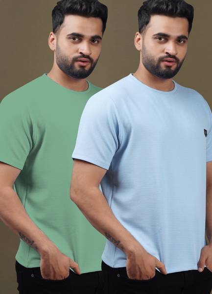 Yazole Solid Men Round Neck Light Blue, Light Green T-Shirt