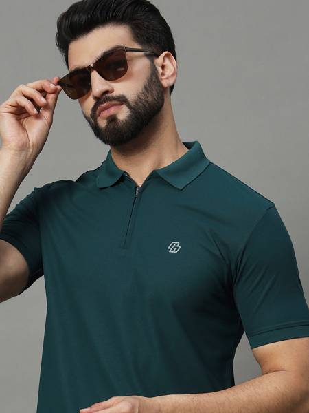 RENUOVO Solid Men Polo Neck Dark Green T-Shirt