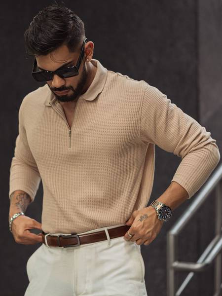 Powerlook Solid Men Polo Neck Beige T-Shirt