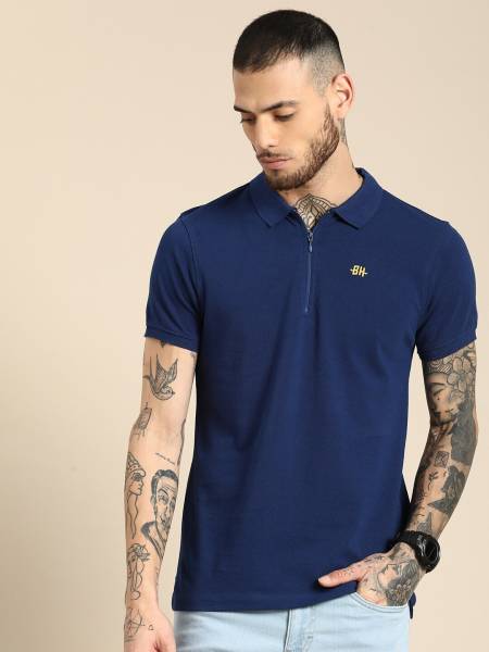 BEING HUMAN Printed Men Polo Neck Blue T-Shirt