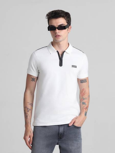 JACK & JONES Solid Men Polo Neck White T-Shirt