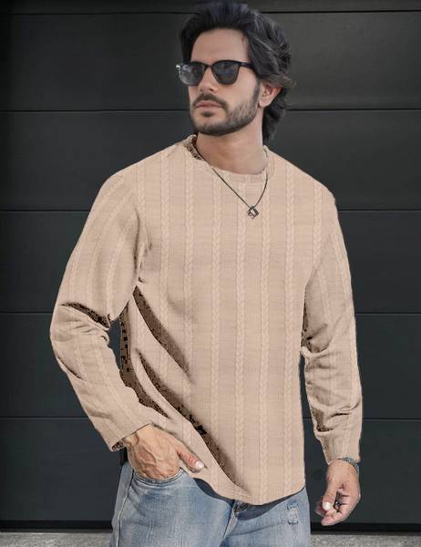 Force Solid Men Round Neck Beige T-Shirt
