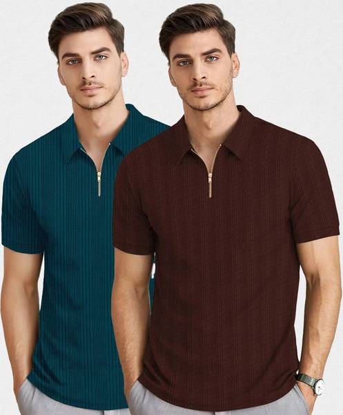 KAJARU Self Design Men Polo Neck Dark Green, Brown T-Shirt