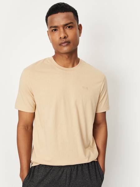 MAX Solid Men Round Neck Beige T-Shirt