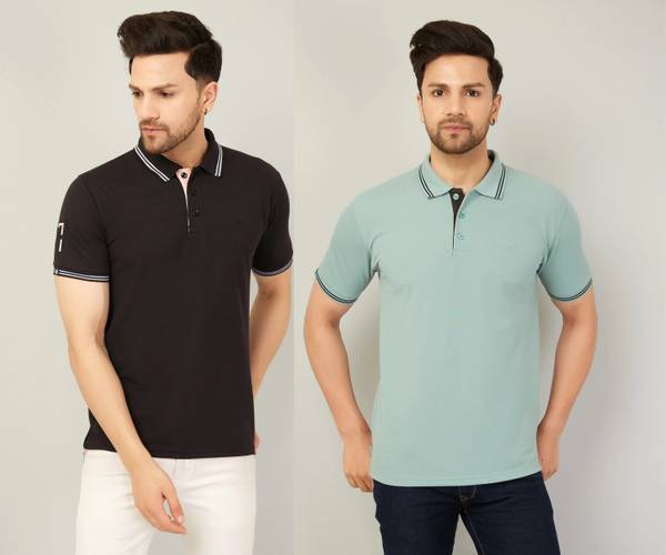 We Perfect Solid Men Polo Neck Black, Green T-Shirt