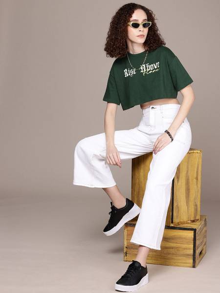 Roadster Printed Women Round Neck Green T-Shirt