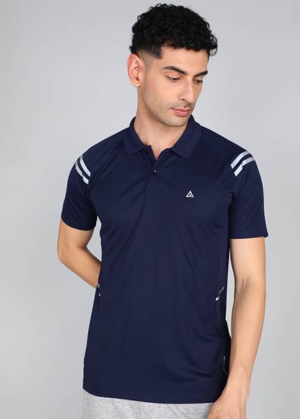 Adrenex Solid Men Polo Neck Dark Blue T-Shirt