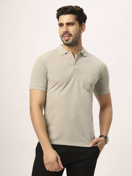 N AND J Solid Men Polo Neck Beige T-Shirt