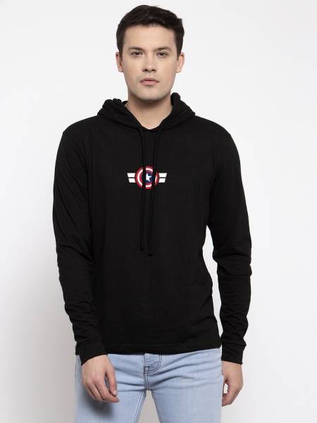 FRISKERS Graphic Print Men Hooded Neck Black T-Shirt